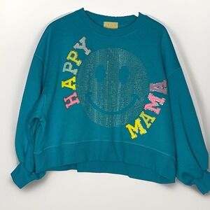 Judith March Happy Mama Rhinestone Smiley Sweatshirt M Teal‎ Cropped